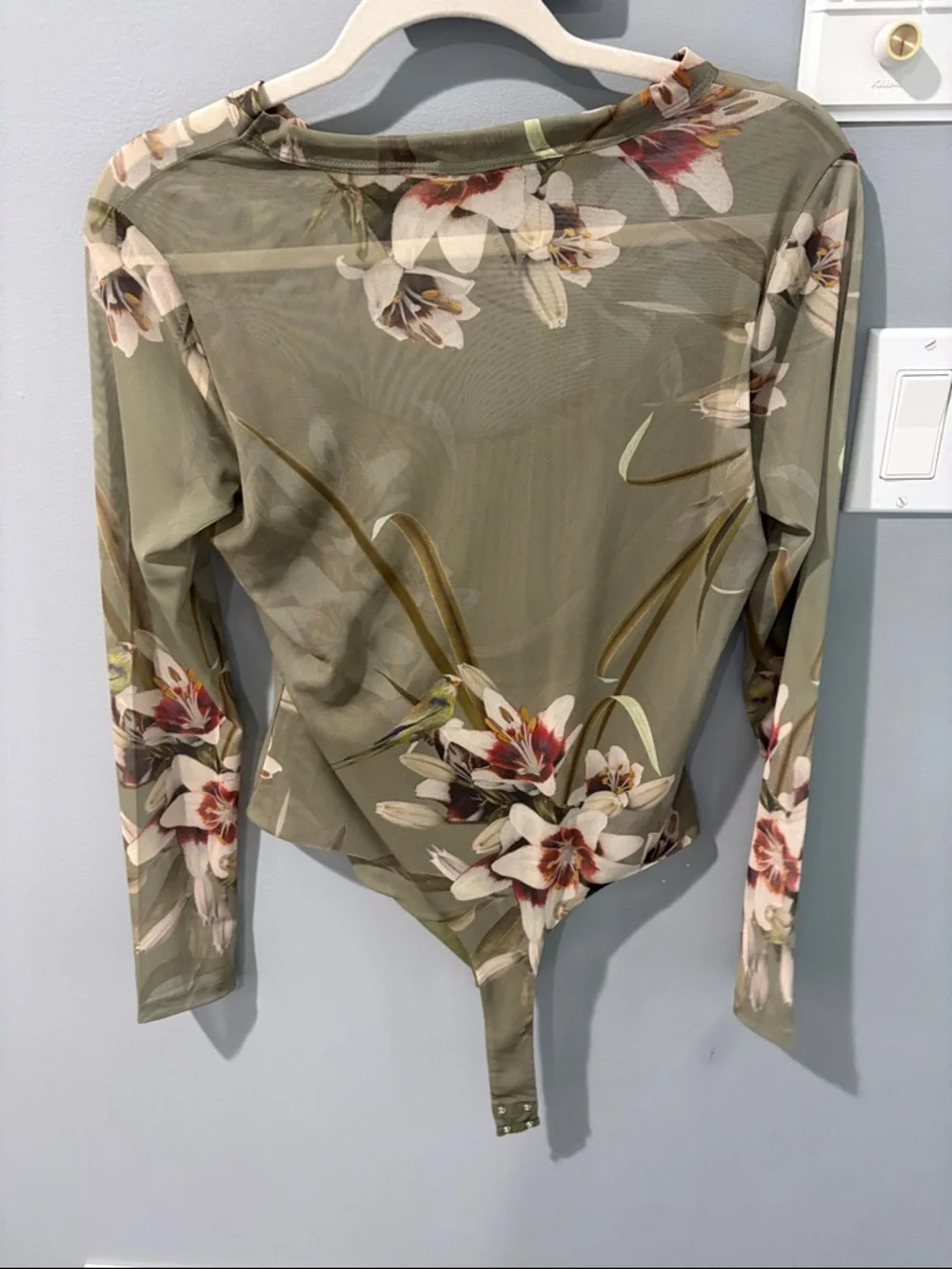 All Saints Olive Green Floral Sheer Long Sleeve Bodysuit - Picture 3 of 3
